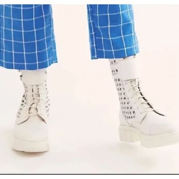 New Free People Boots Asher Ankle White Leather Weaved Side Combat